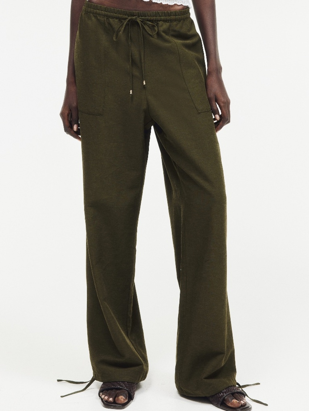 NWOT Women's S H&M Linen-Blend Pull-On Pants Dark Khaki Green